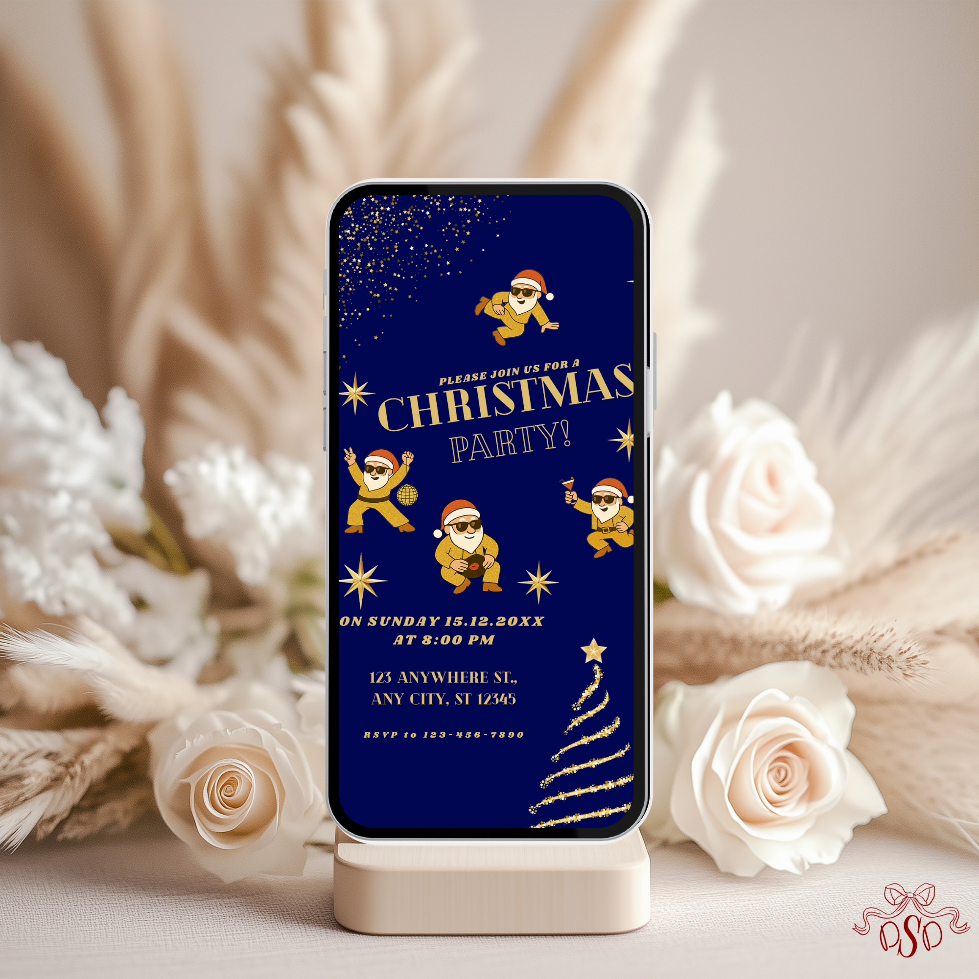 Navy Gold Christmas Party Invitation With Dancing Santa - printable invite design detail