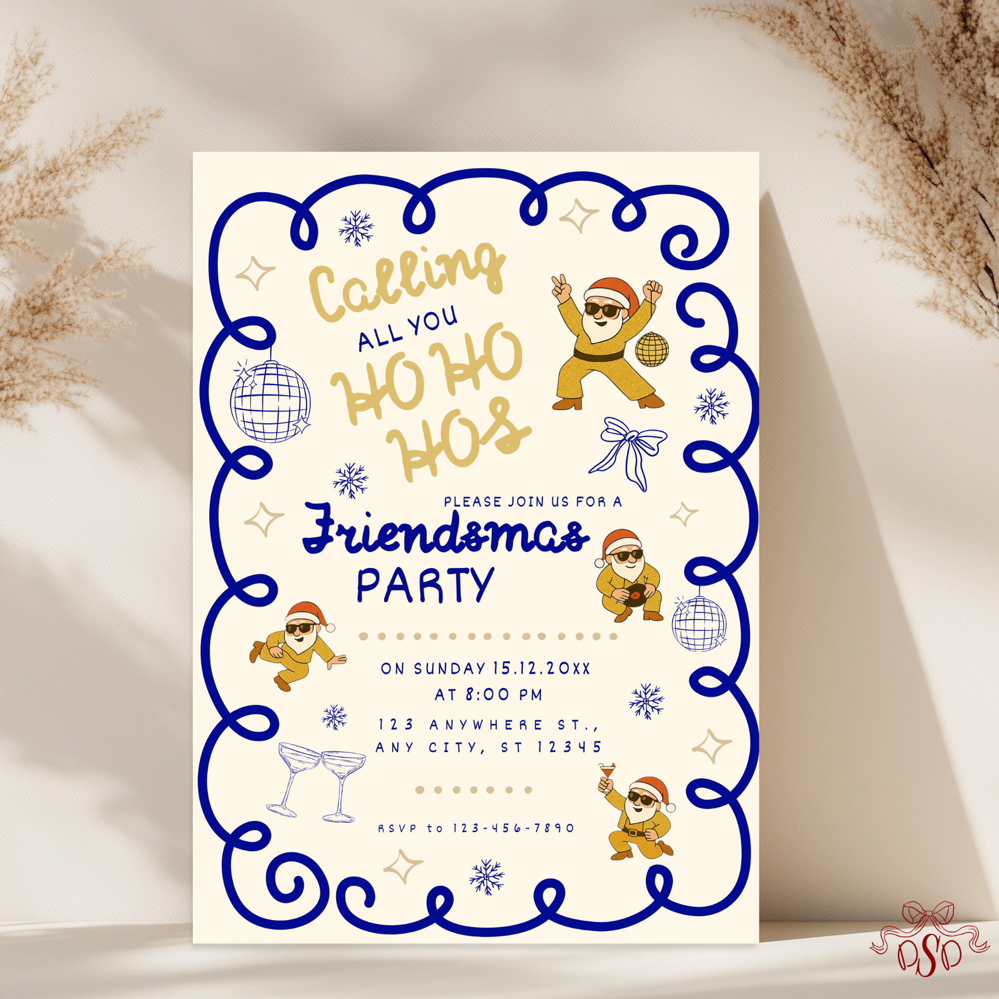 Navy Gold Friendsmas Party Invitation With Dancing Santa - main design preview