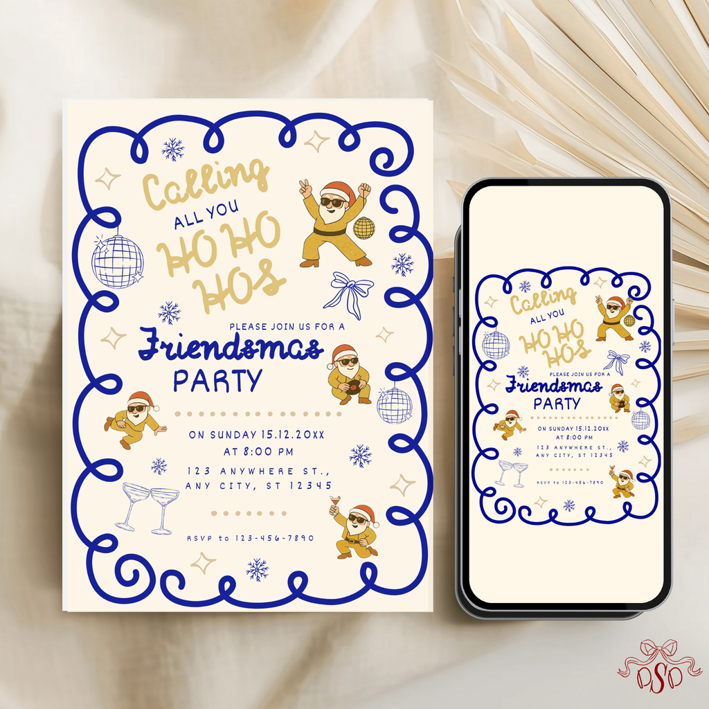 Navy Gold Friendsmas Party Invitation With Dancing Santa - editable Canva template gallery image
