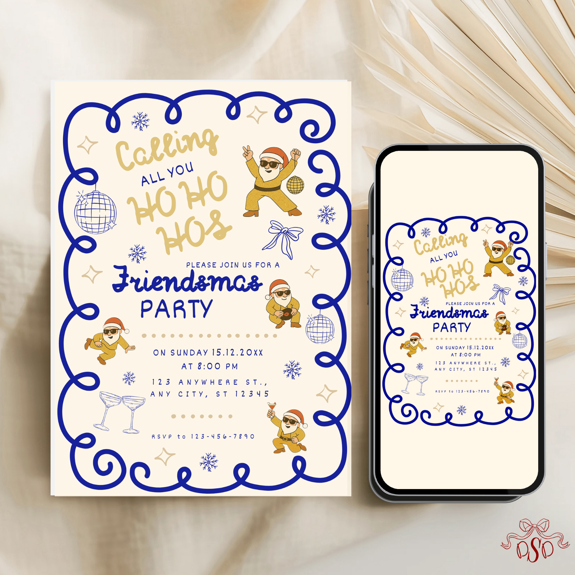 Navy Gold Friendsmas Party Invitation With Dancing Santa - editable Canva template gallery image