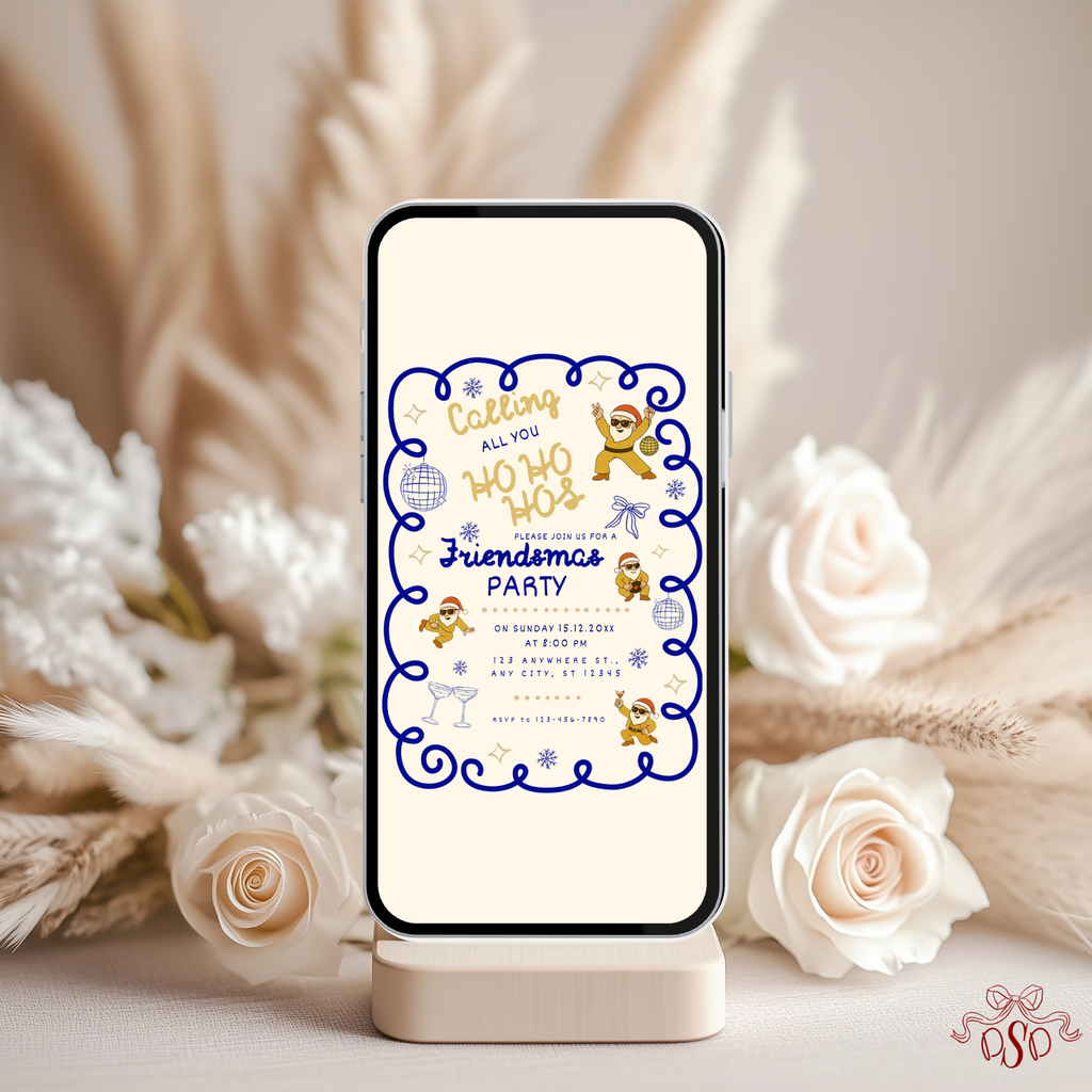 Navy Gold Friendsmas Party Invitation With Dancing Santa - printable invite design detail