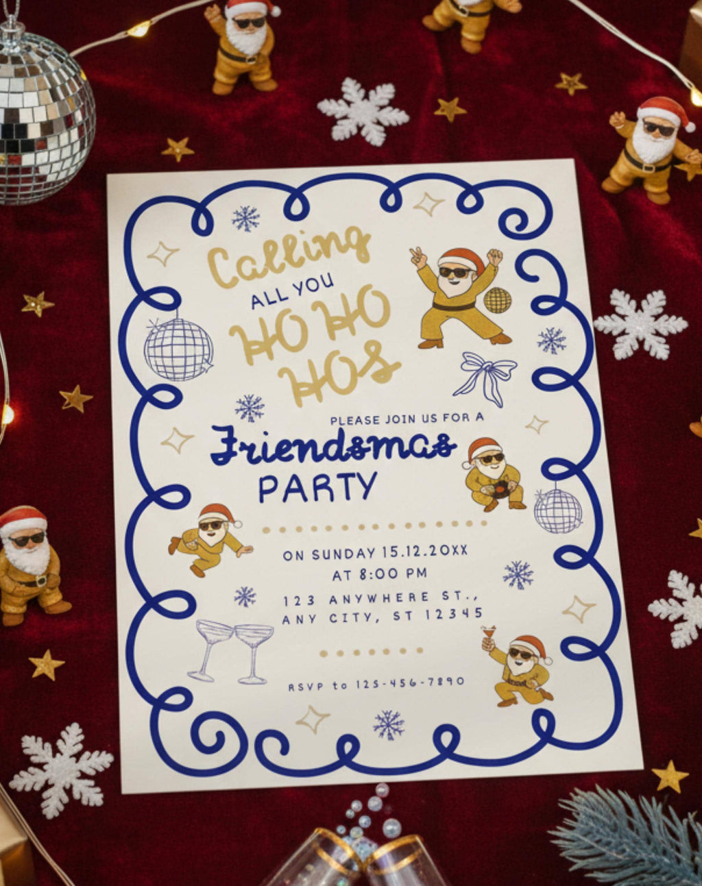Navy Gold Friendsmas Party Invitation With Dancing Santa - styled invitation mockup