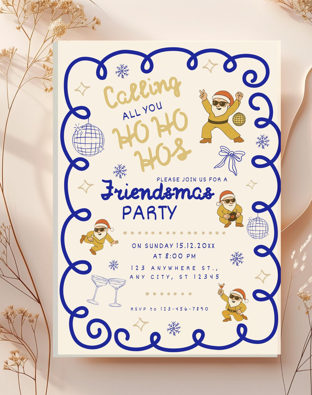 Navy Gold Friendsmas Party Invitation With Dancing Santa - additional gallery view