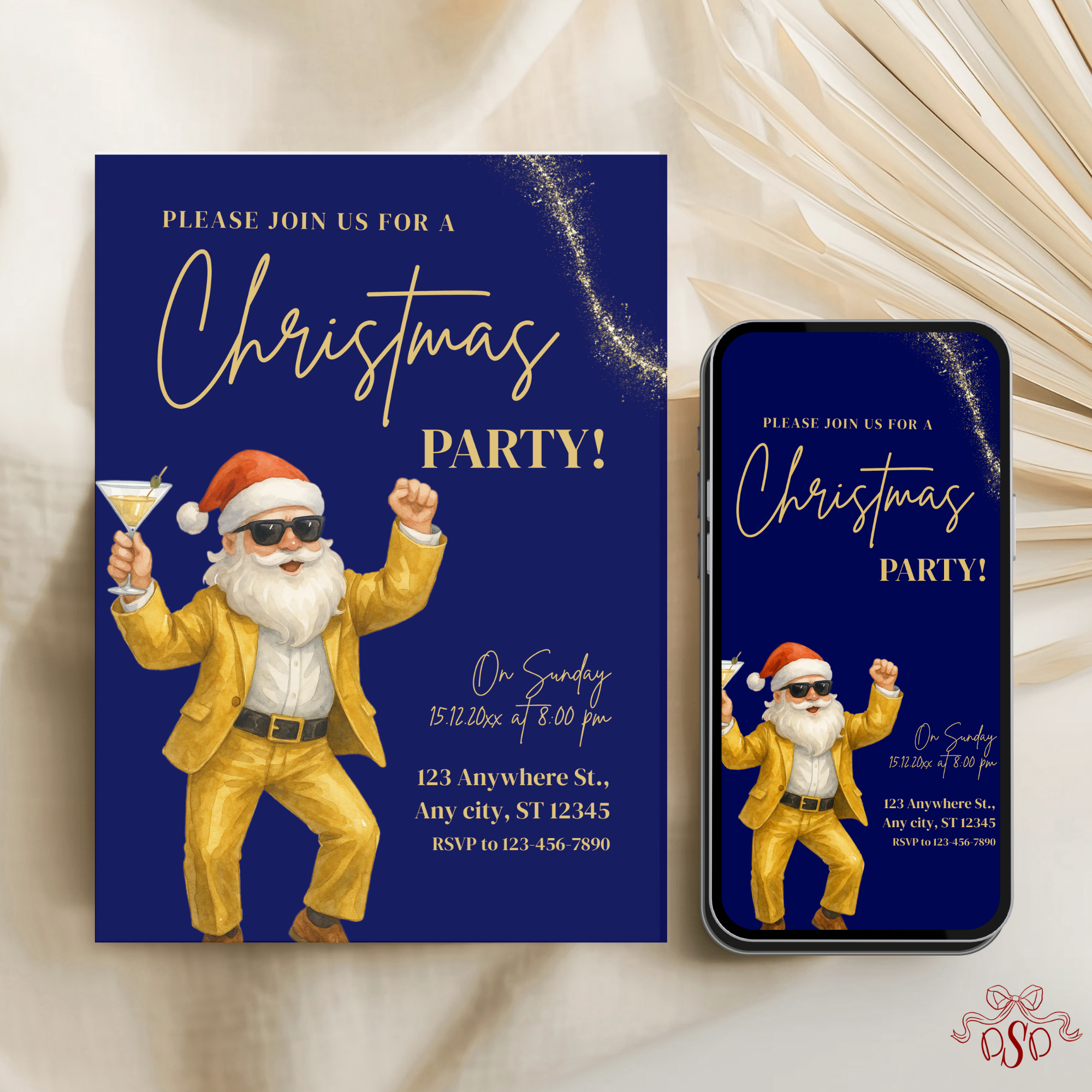 Navy Santa Cocktail Christmas Party Invitation - main design preview