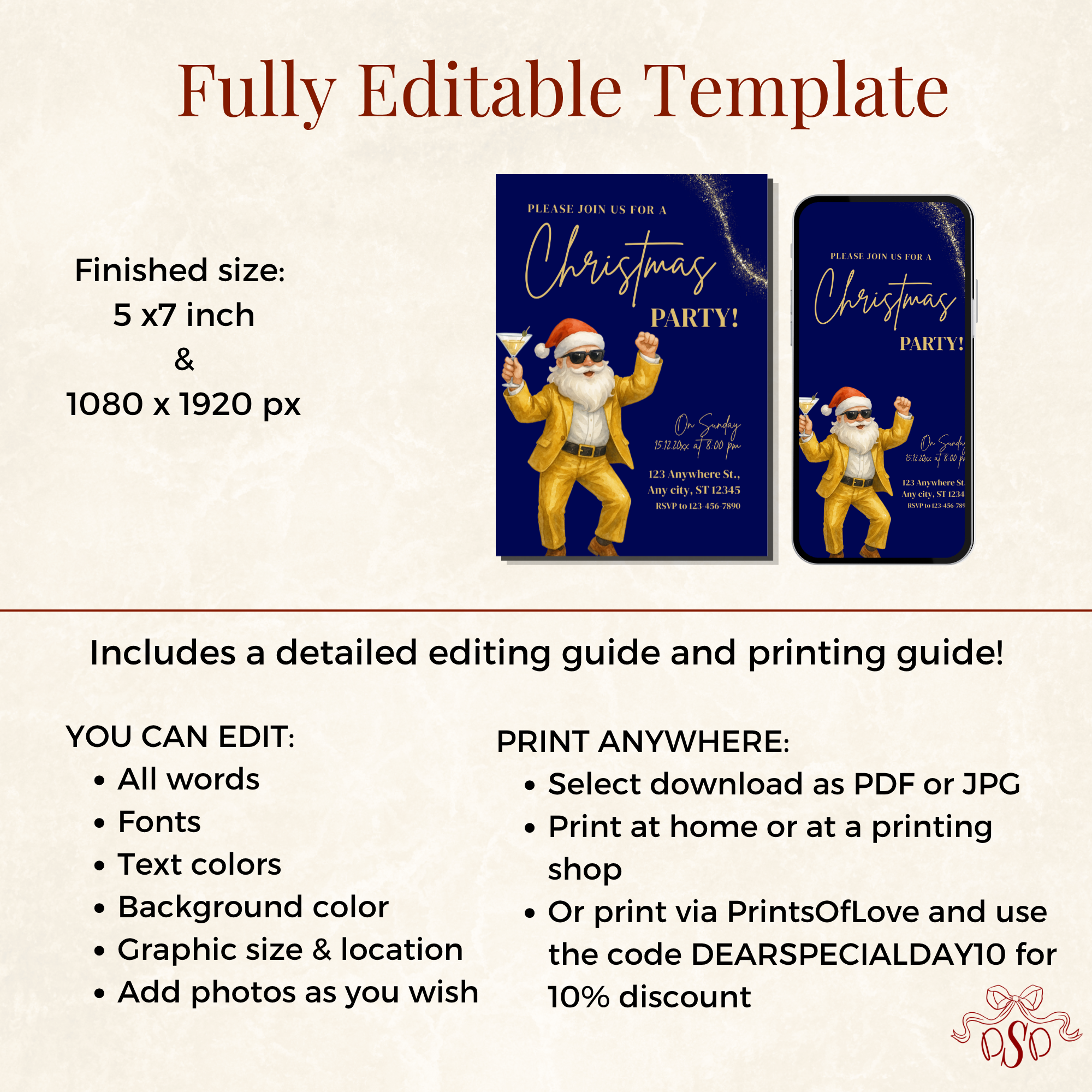 Navy Santa Cocktail Christmas Party Invitation - printable invite design detail