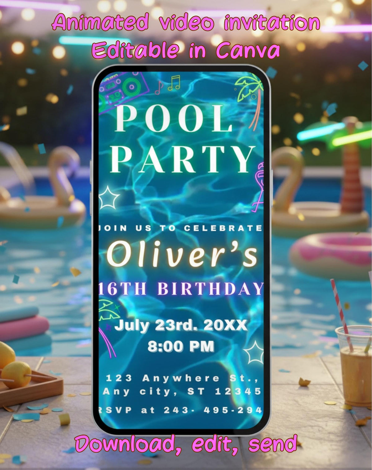 Neon Blue/Gold Pool Party Invitation E-vite - main design preview