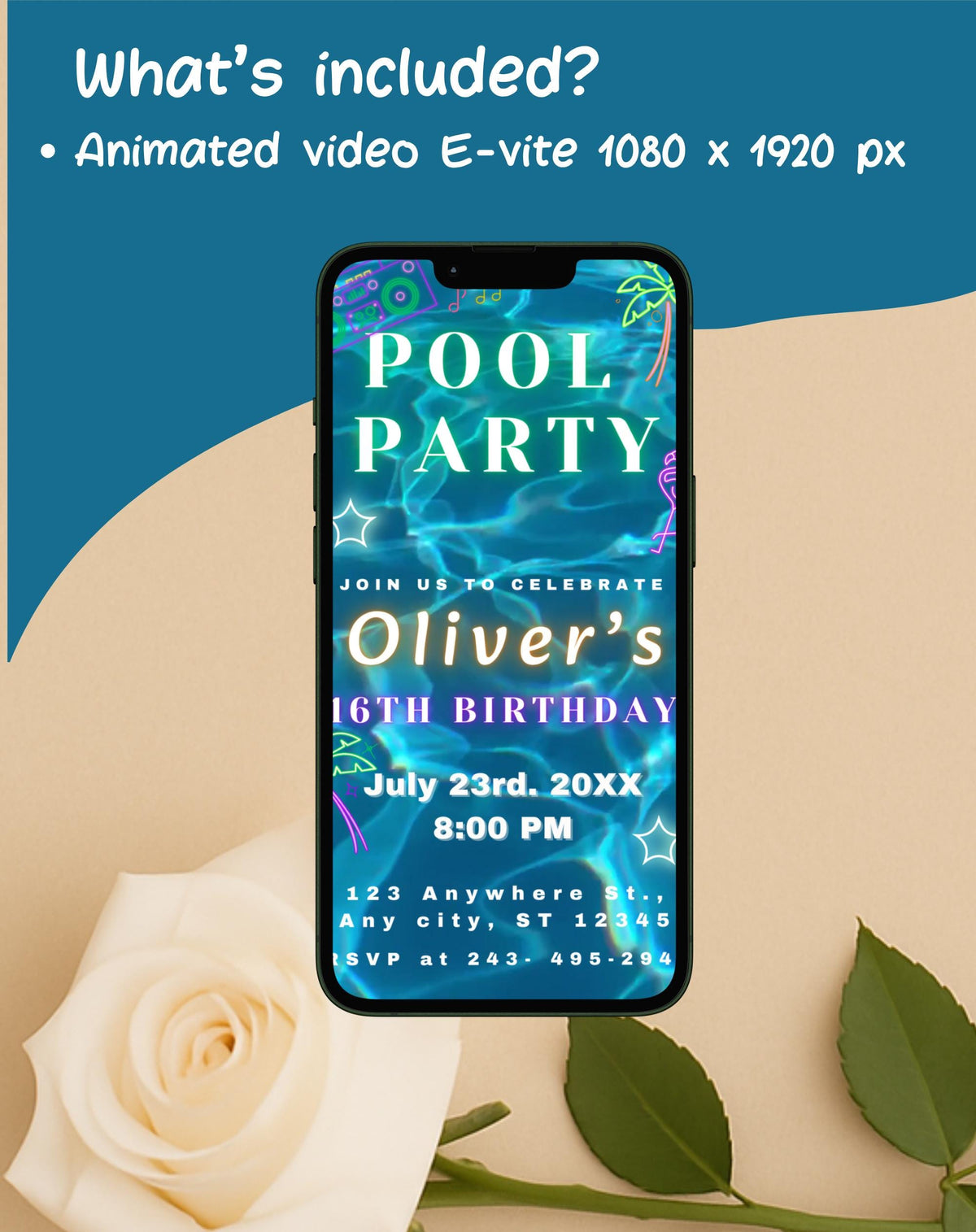 Neon Blue/Gold Pool Party Invitation E-vite - additional gallery view