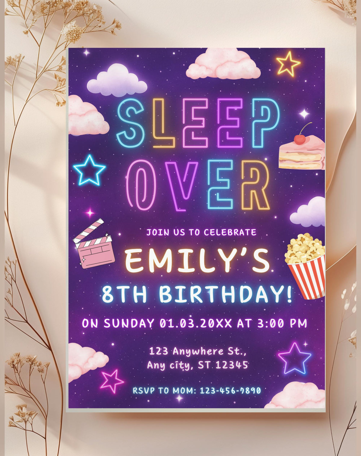Neon Sleepover Birthday Invitation - main design preview