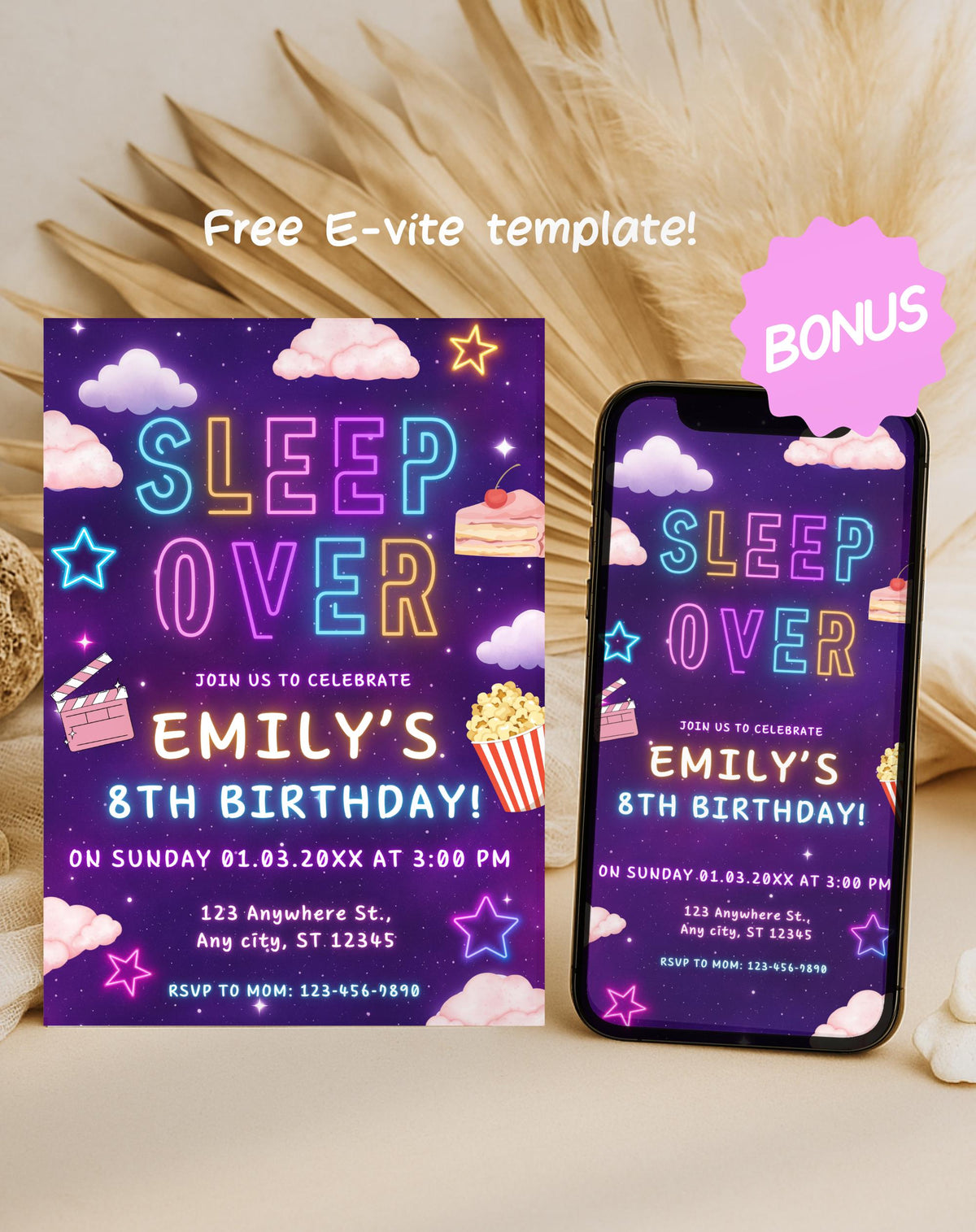 Neon Sleepover Birthday Invitation - styled invitation mockup