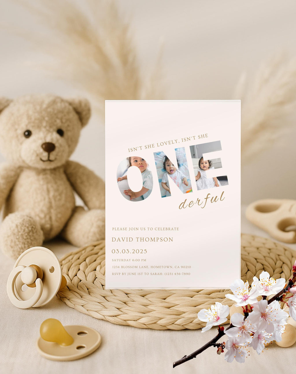 ONEderful Neutral Beige First Birthday Invitation - styled invitation mockup