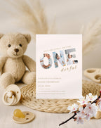 ONEderful Neutral Beige First Birthday Invitation - styled invitation mockup
