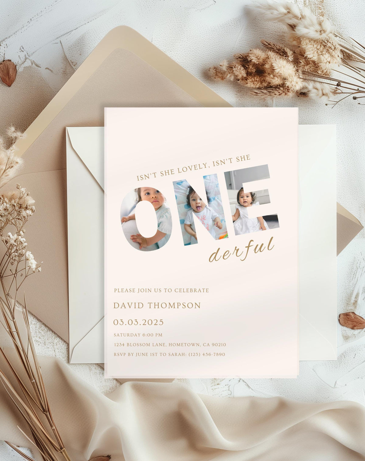 ONEderful Neutral Beige First Birthday Invitation - customizable birthday invitation