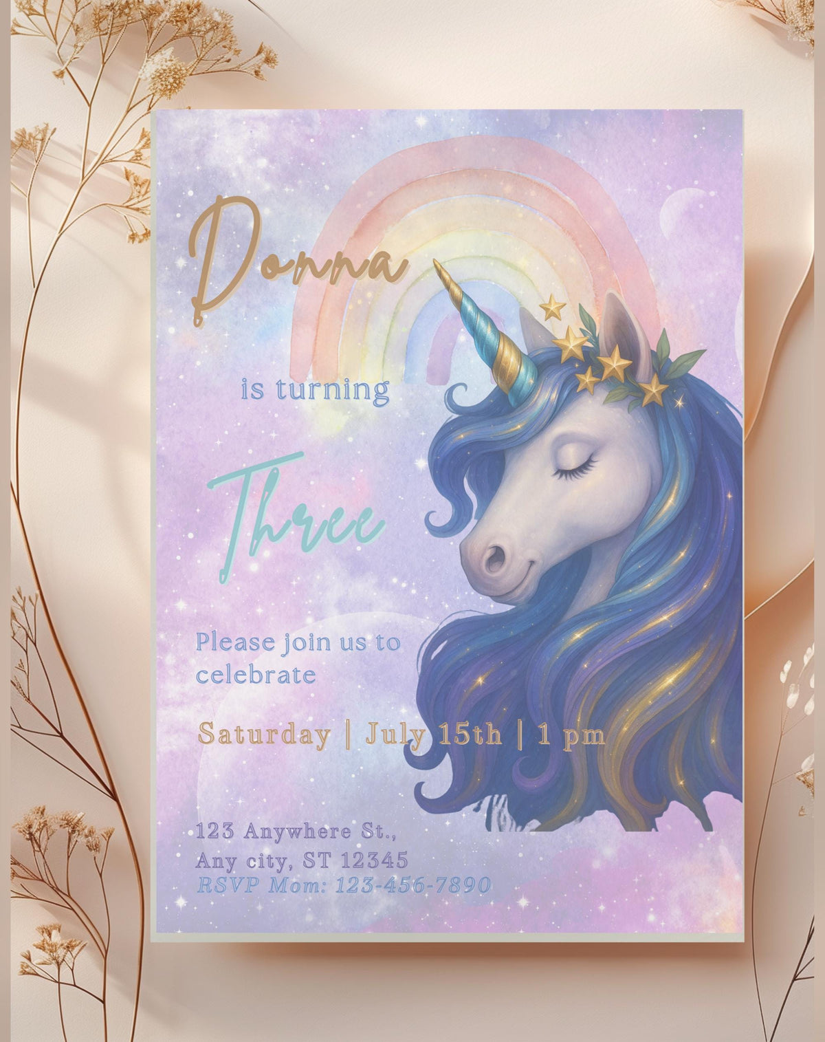 Pastel Rainbow Unicorn Birthday Invitation - main design preview