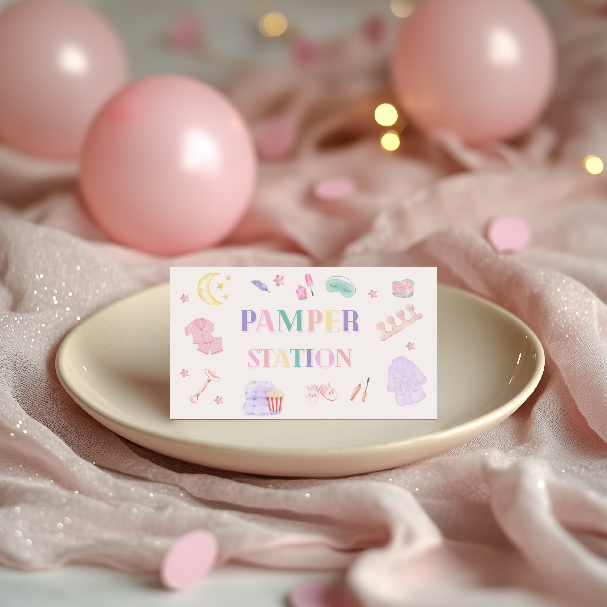 Pastel Spa Pajama Party Folded Place Cards - main design preview