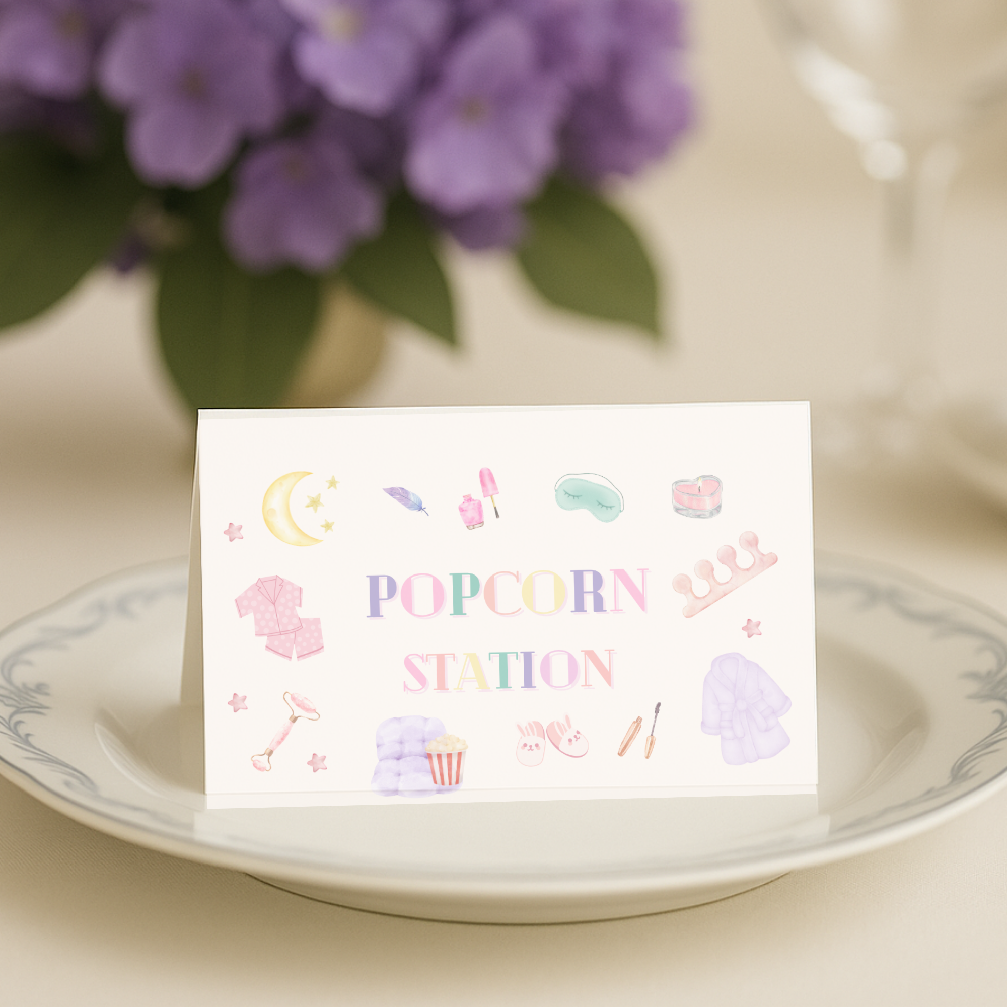 Pastel Spa Pajama Party Folded Place Cards - editable Canva template gallery image