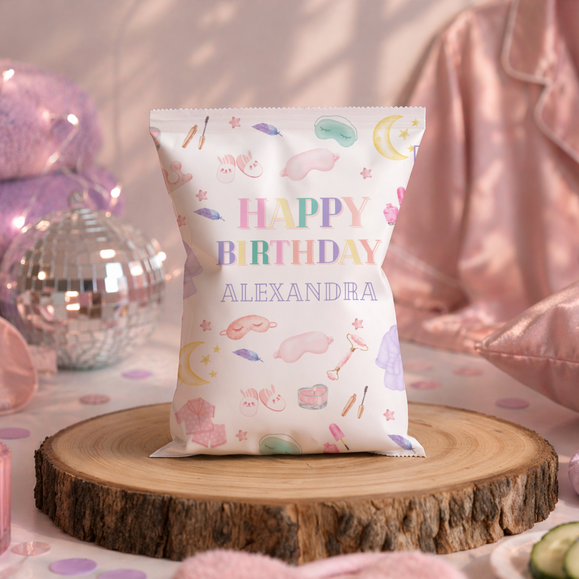 Pastel Spa Party Chip Bag Wrapper Template - main design preview
