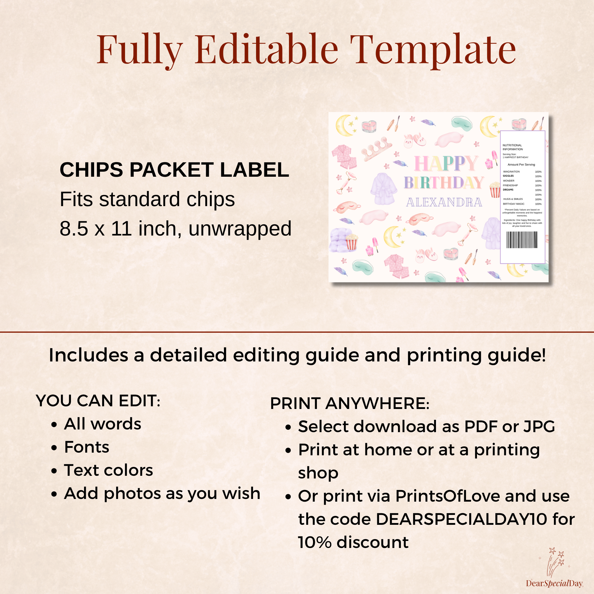 Pastel Spa Party Chip Bag Wrapper Template - editable Canva template gallery image