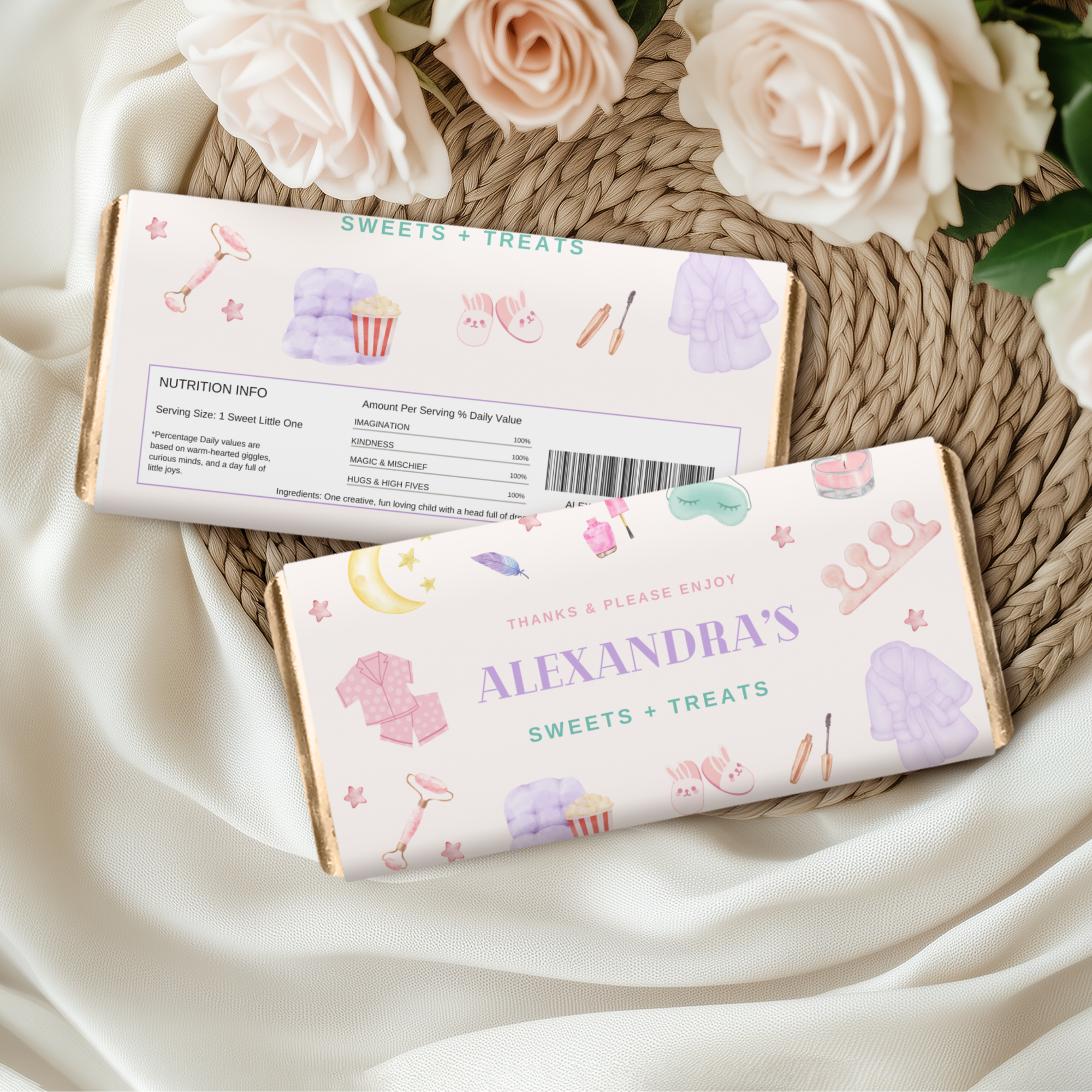 Pastel Spa Party Chocolate Bar Wrapper Template - editable Canva template gallery image