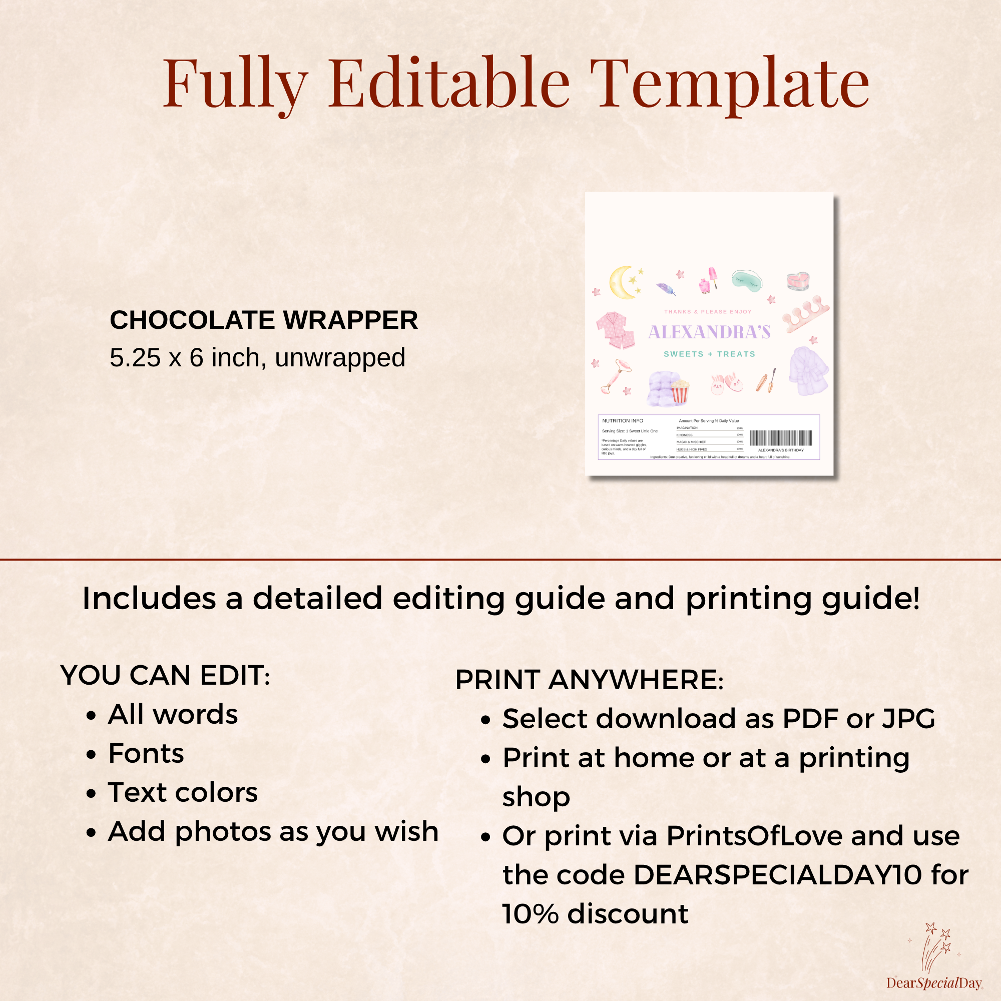 Pastel Spa Party Chocolate Bar Wrapper Template - printable invite design detail