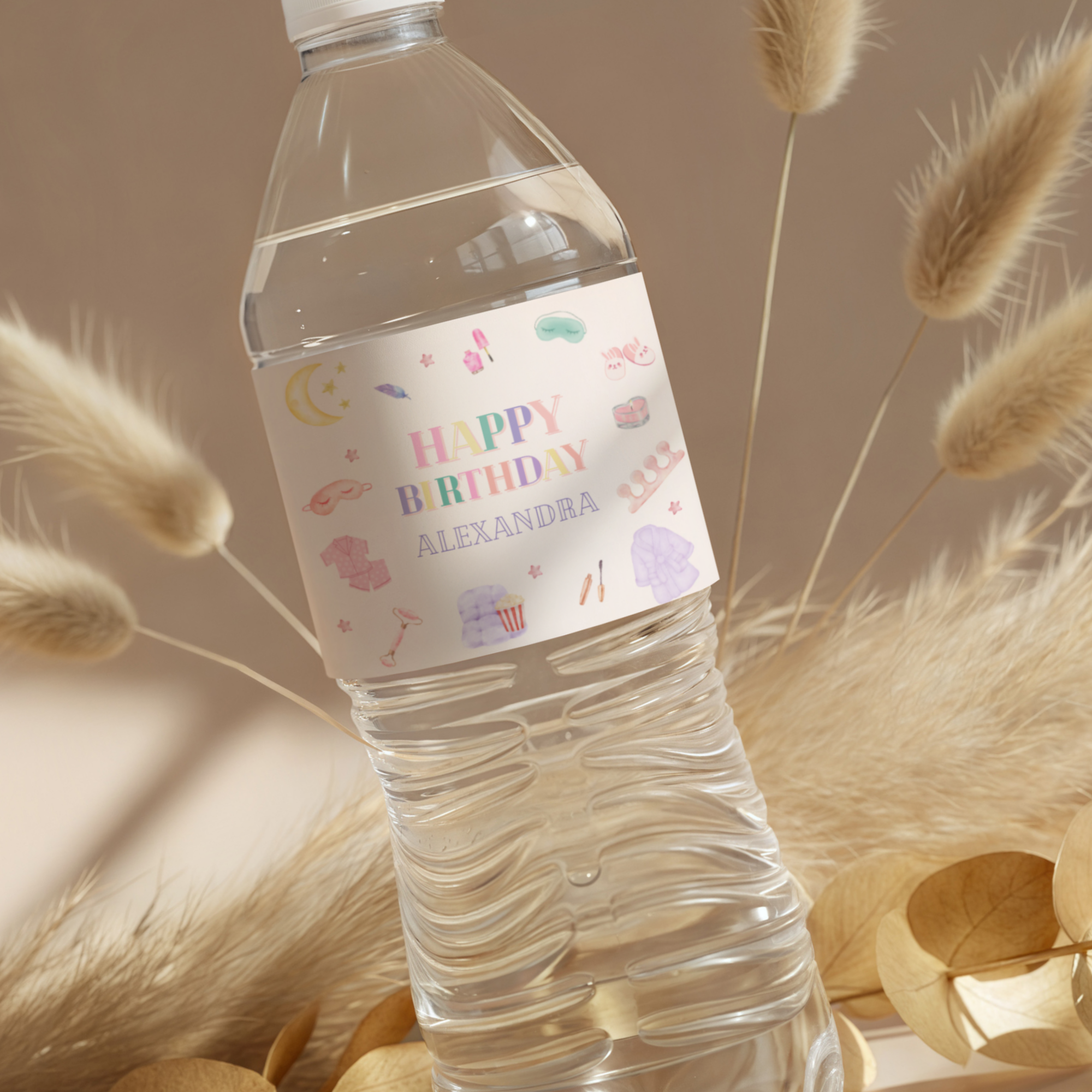 Pastel Spa Party Water Bottle Label Spa Pajama Birthday Party - editable Canva template gallery image