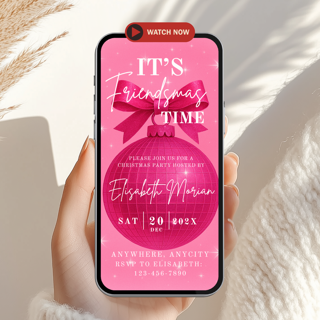 Pink Friendsmas Disco Ball Invitation Animated Video - main design preview