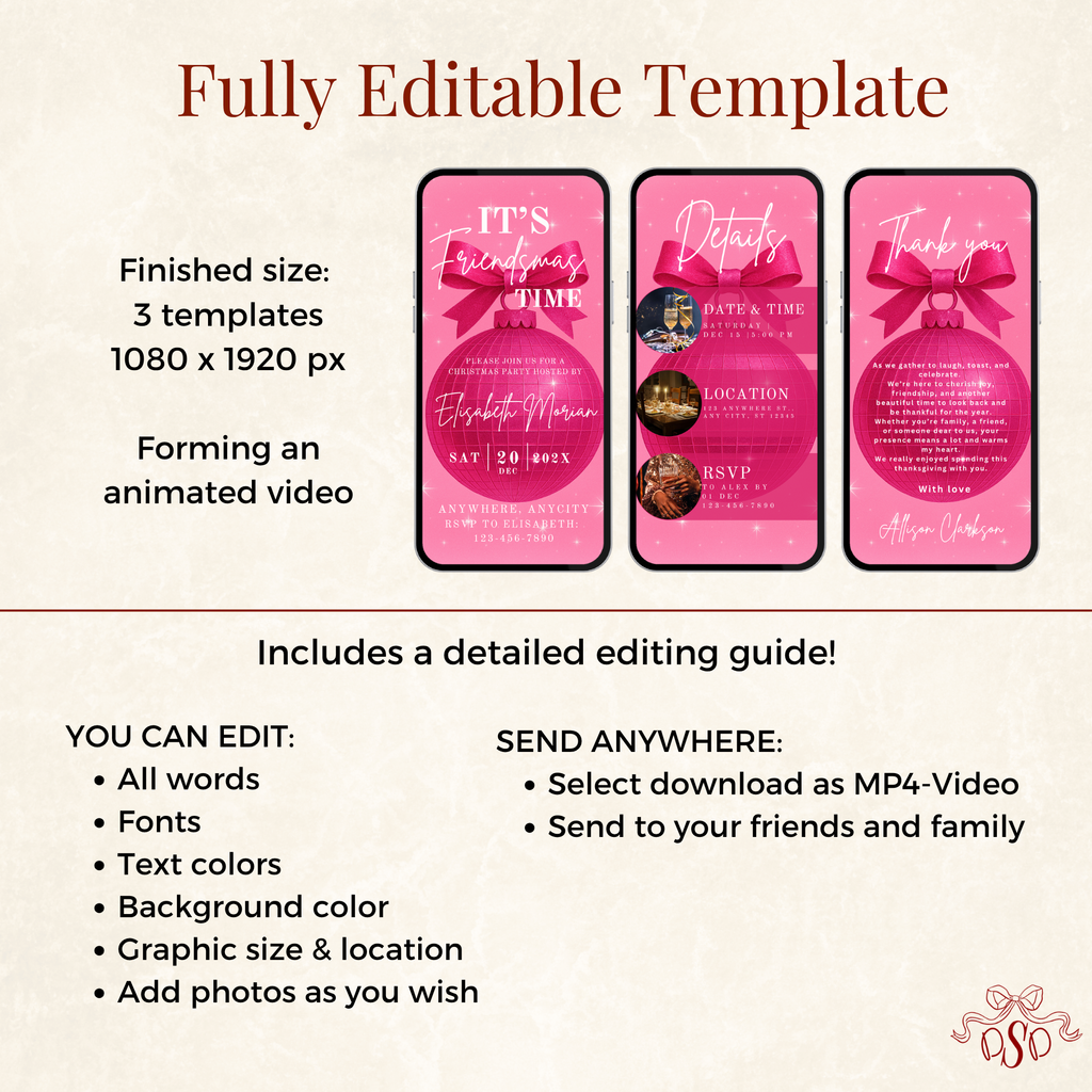 Pink Friendsmas Disco Ball Invitation Animated Video - printable design detail
