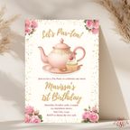 Pink Gold Floral Kids Birthday Tea Party Invitation - main design preview