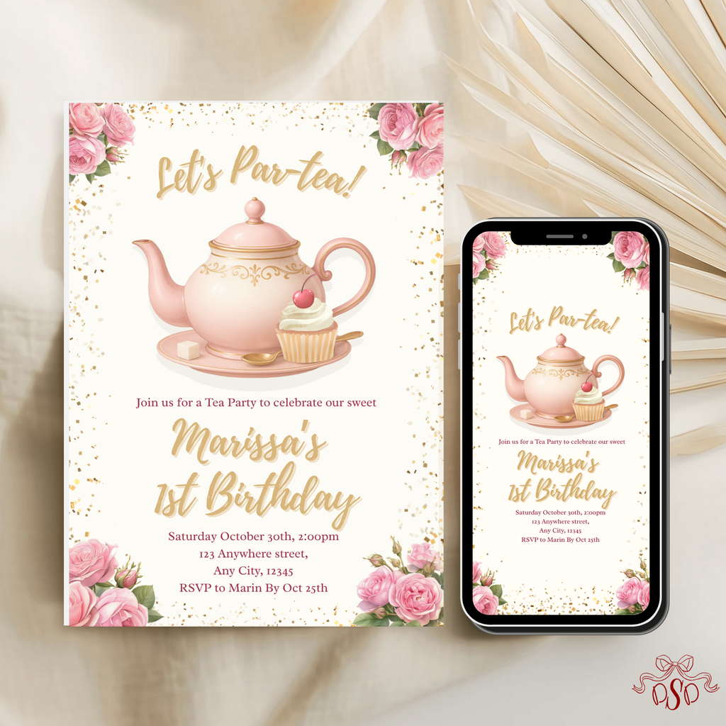 Pink Gold Floral Kids Birthday Tea Party Invitation - editable Canva template gallery image
