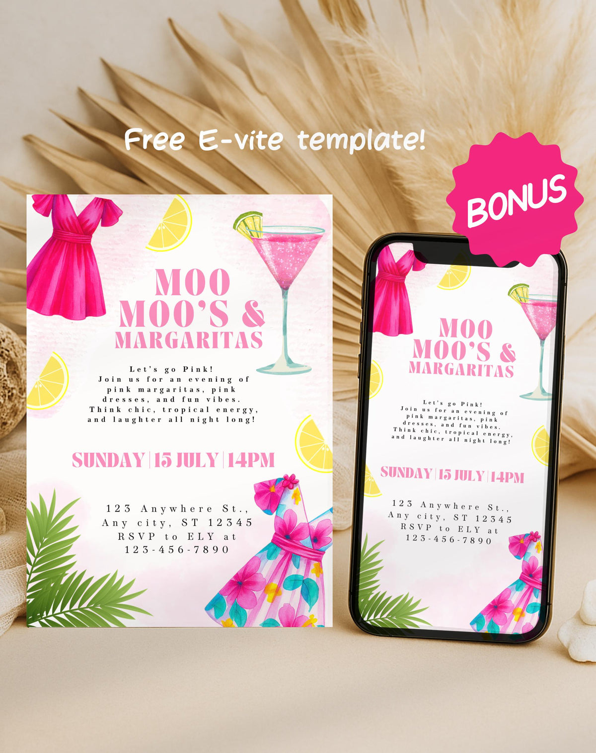 Pink Margarita Girls Night Birthday Invitation - styled invitation mockup