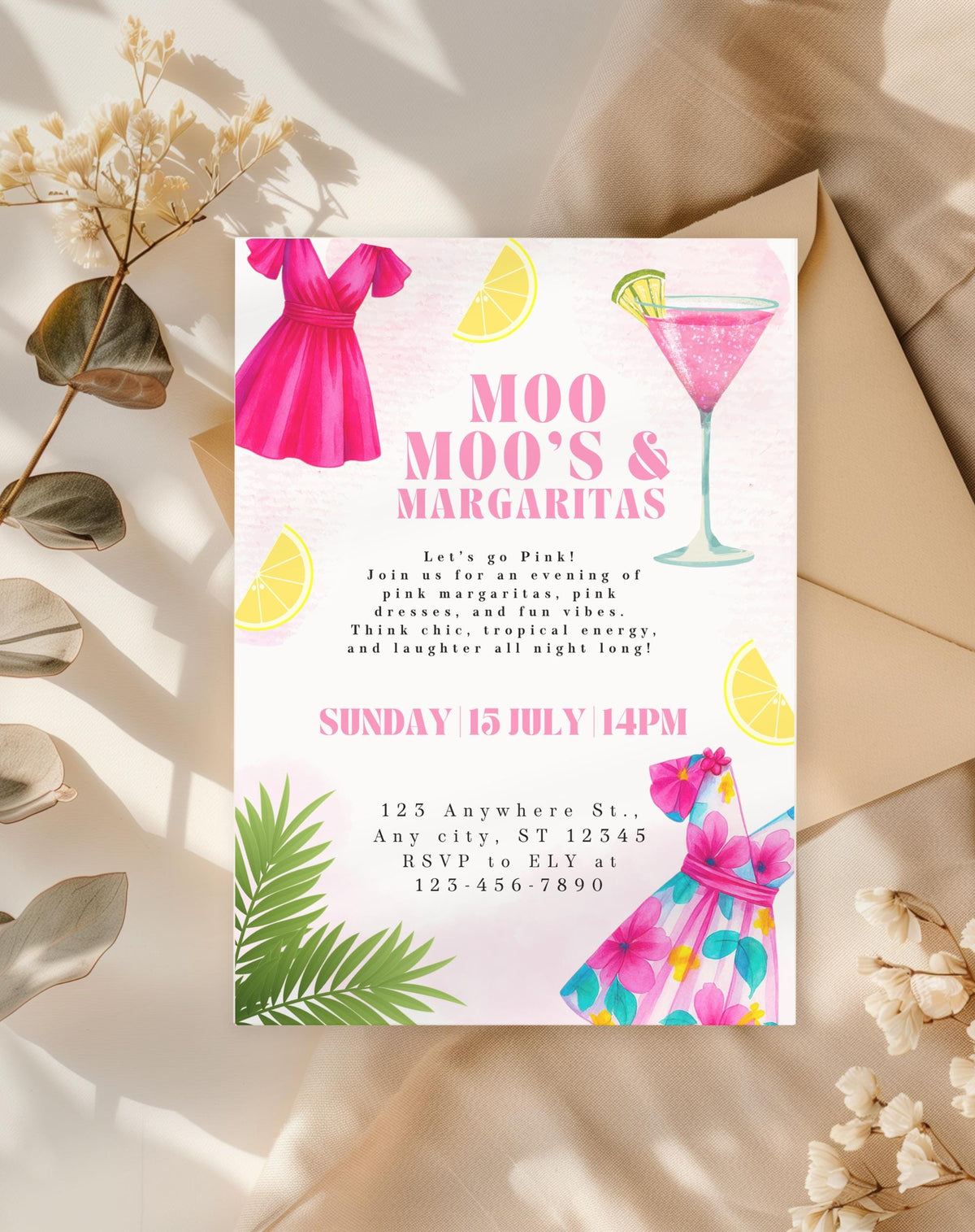Pink Margarita Girls Night Birthday Invitation - customizable birthday invitation