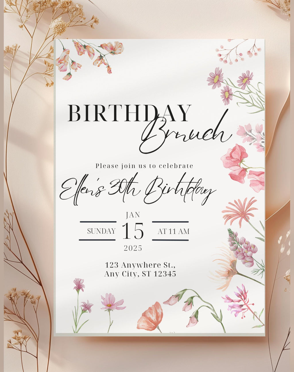 Pink Wildflower Birthday Brunch Invitation - main design preview