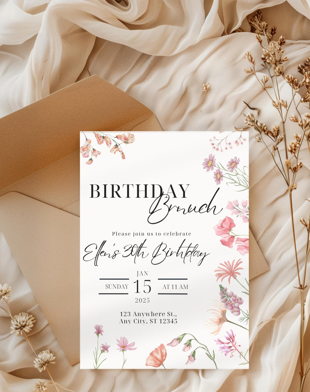 Pink Wildflower Birthday Brunch Invitation - printable invite design detail