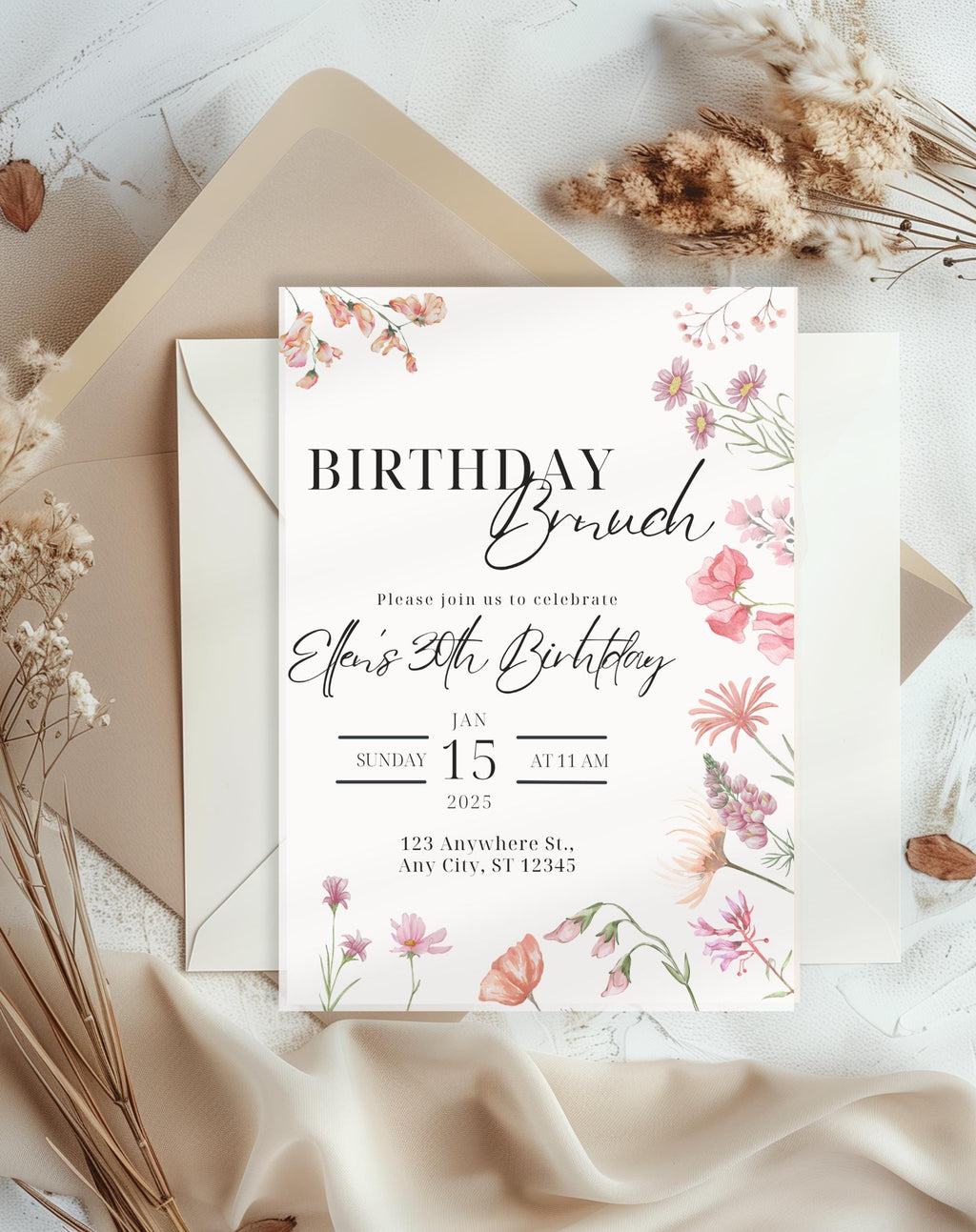 Pink Wildflower Birthday Brunch Invitation - styled invitation mockup