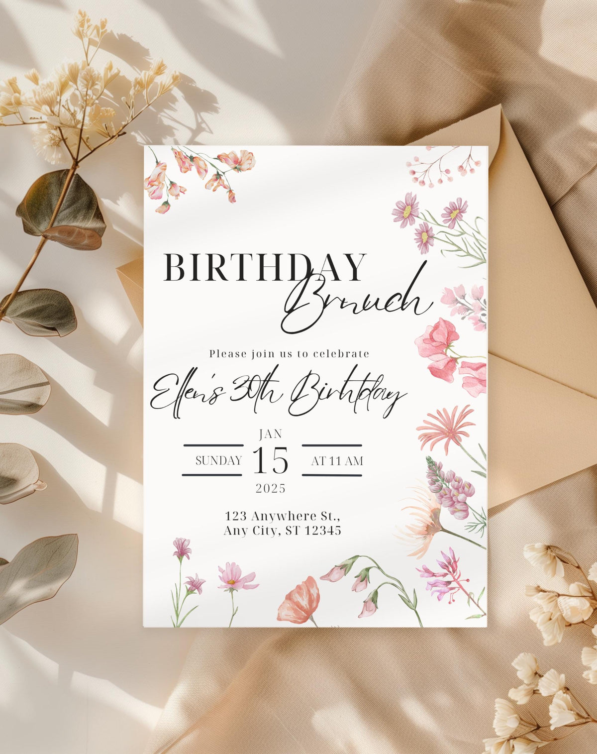 Pink Wildflower Birthday Brunch Invitation - Canva editable design preview