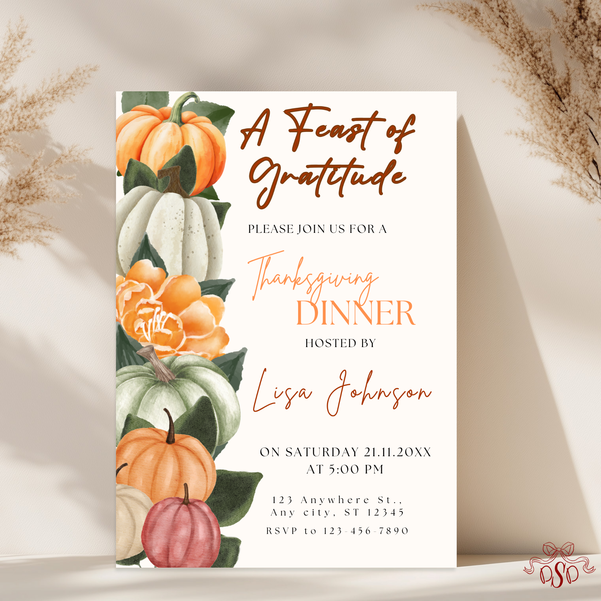 Pumpkin Orange and Green Thanksgiving Dinner Invitation - editable Canva template gallery image