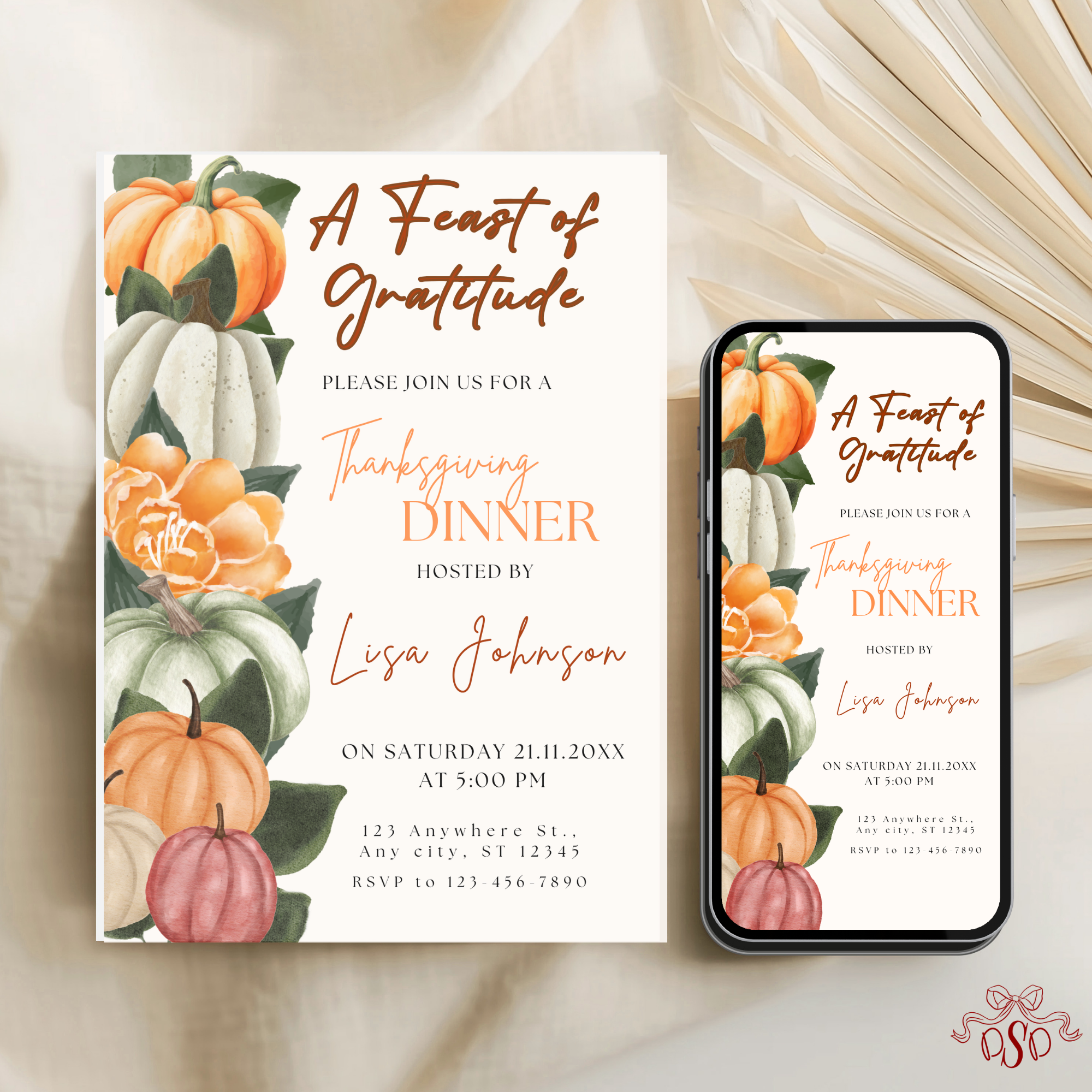 Pumpkin Orange and Green Thanksgiving Dinner Invitation - printable invite design detail