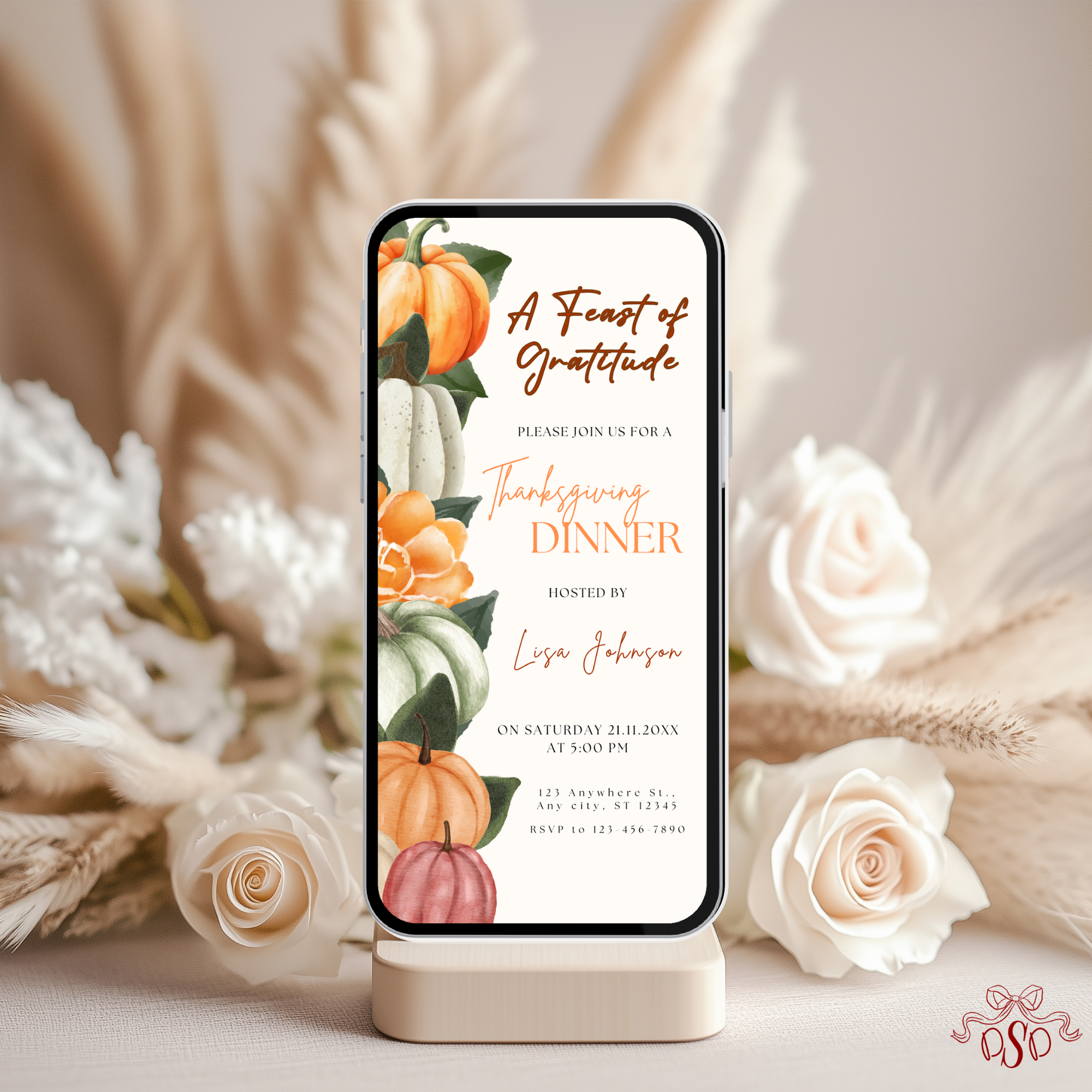 Pumpkin Orange and Green Thanksgiving Dinner Invitation - styled invitation mockup