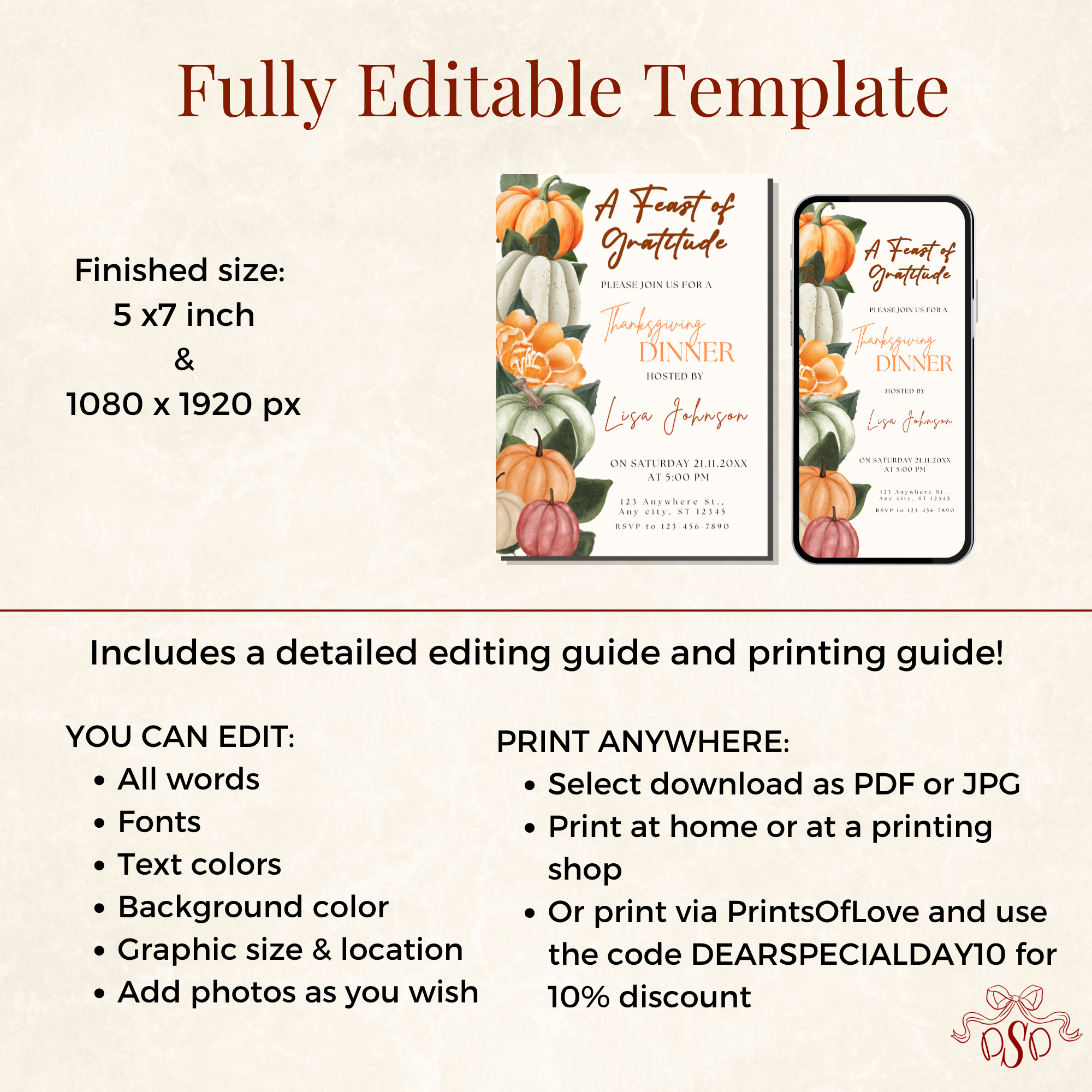 Pumpkin Orange and Green Thanksgiving Dinner Invitation - additional gallery view