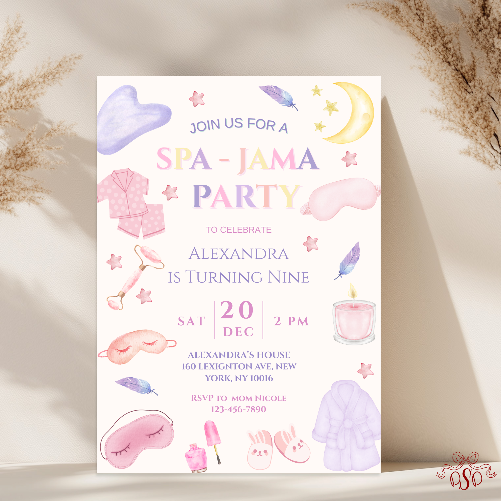 Purple Pink Pastel 9th Spa Jama Birthday Party Invitation - main design preview