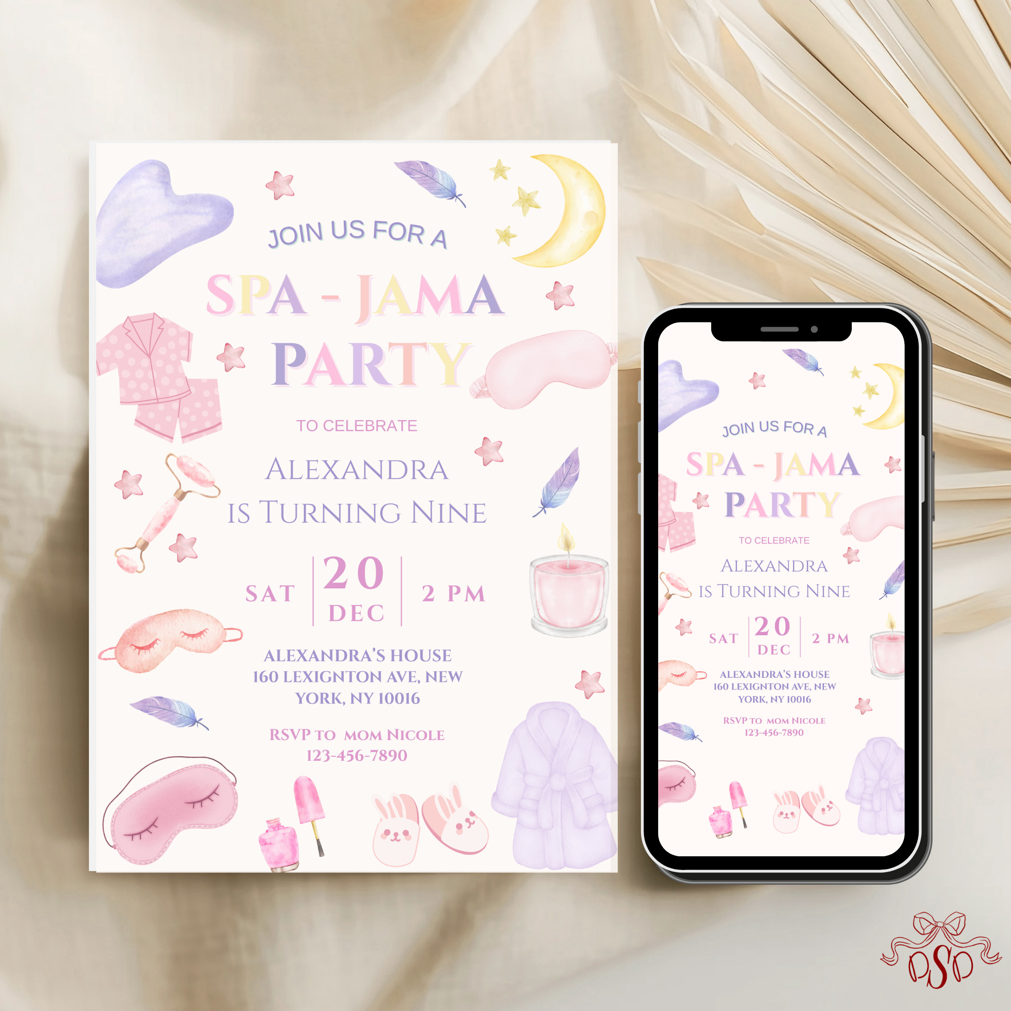 Purple Pink Pastel 9th Spa Jama Birthday Party Invitation - editable Canva template gallery image