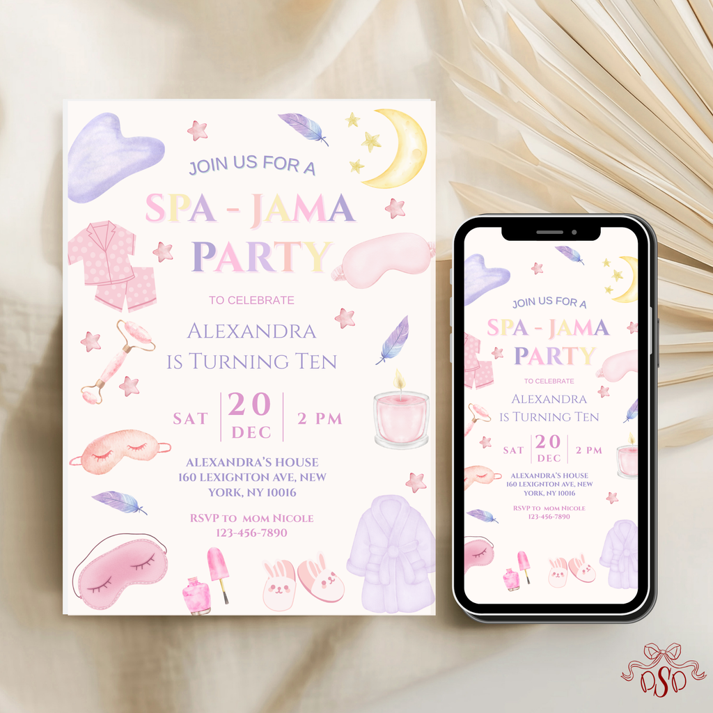 Purple Pink Sleepover 10th Spa Jama Birthday Party Invitation - editable Canva template gallery image