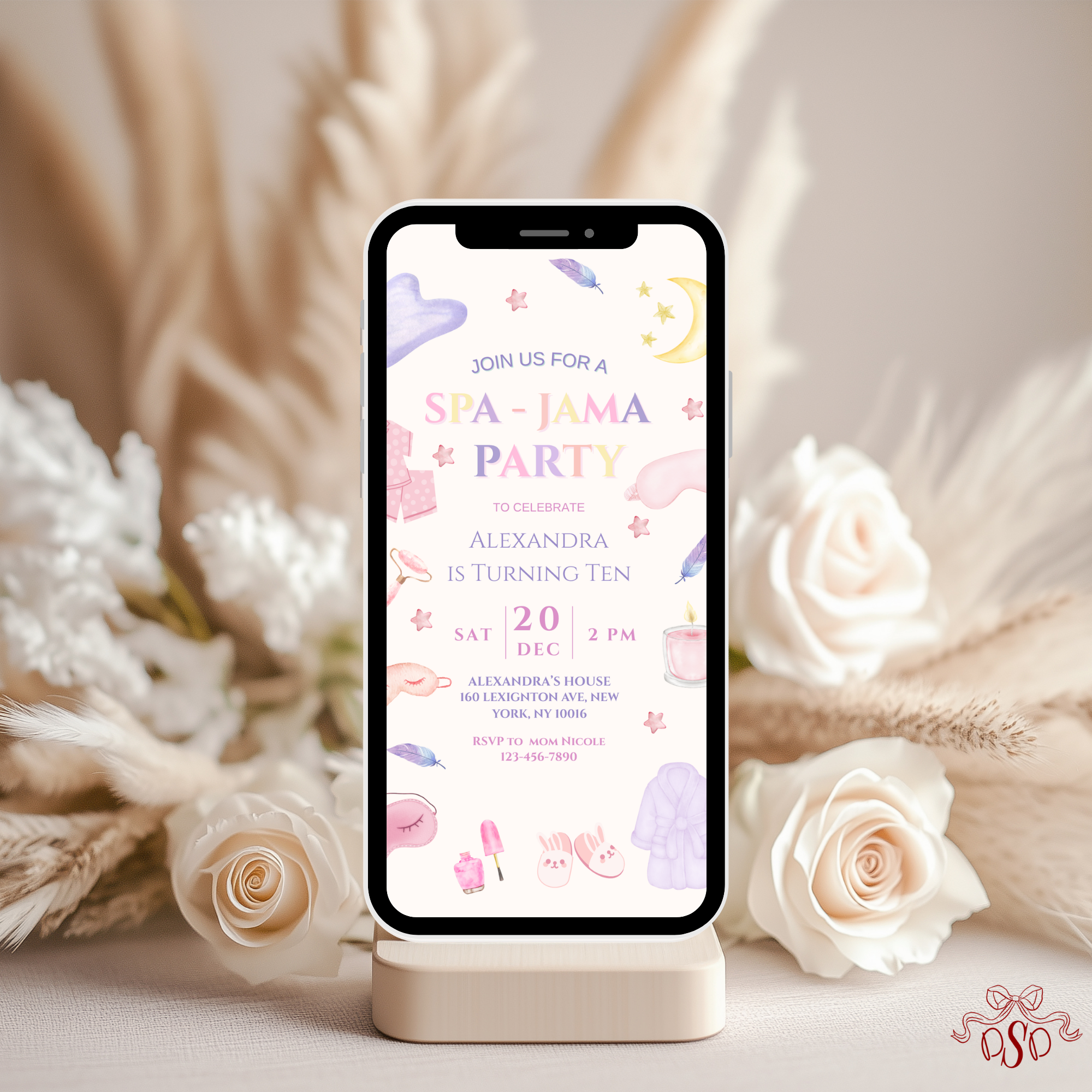 Purple Pink Sleepover 10th Spa Jama Birthday Party Invitation - printable invite design detail