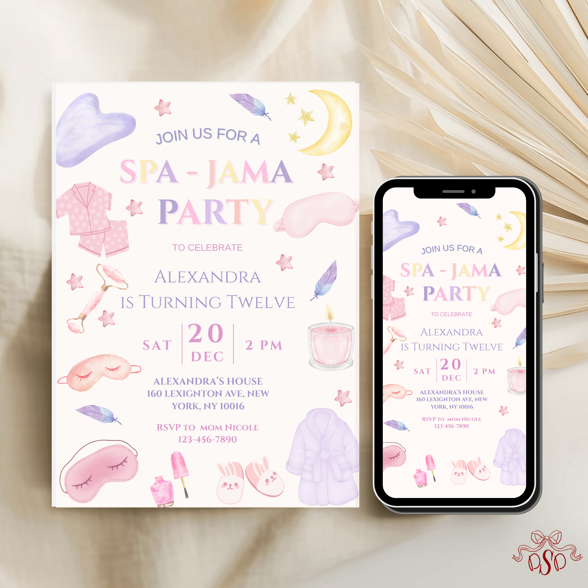 Purple Pink Sleepover 12th Spa Jama Birthday Party Invitation - editable Canva template gallery image