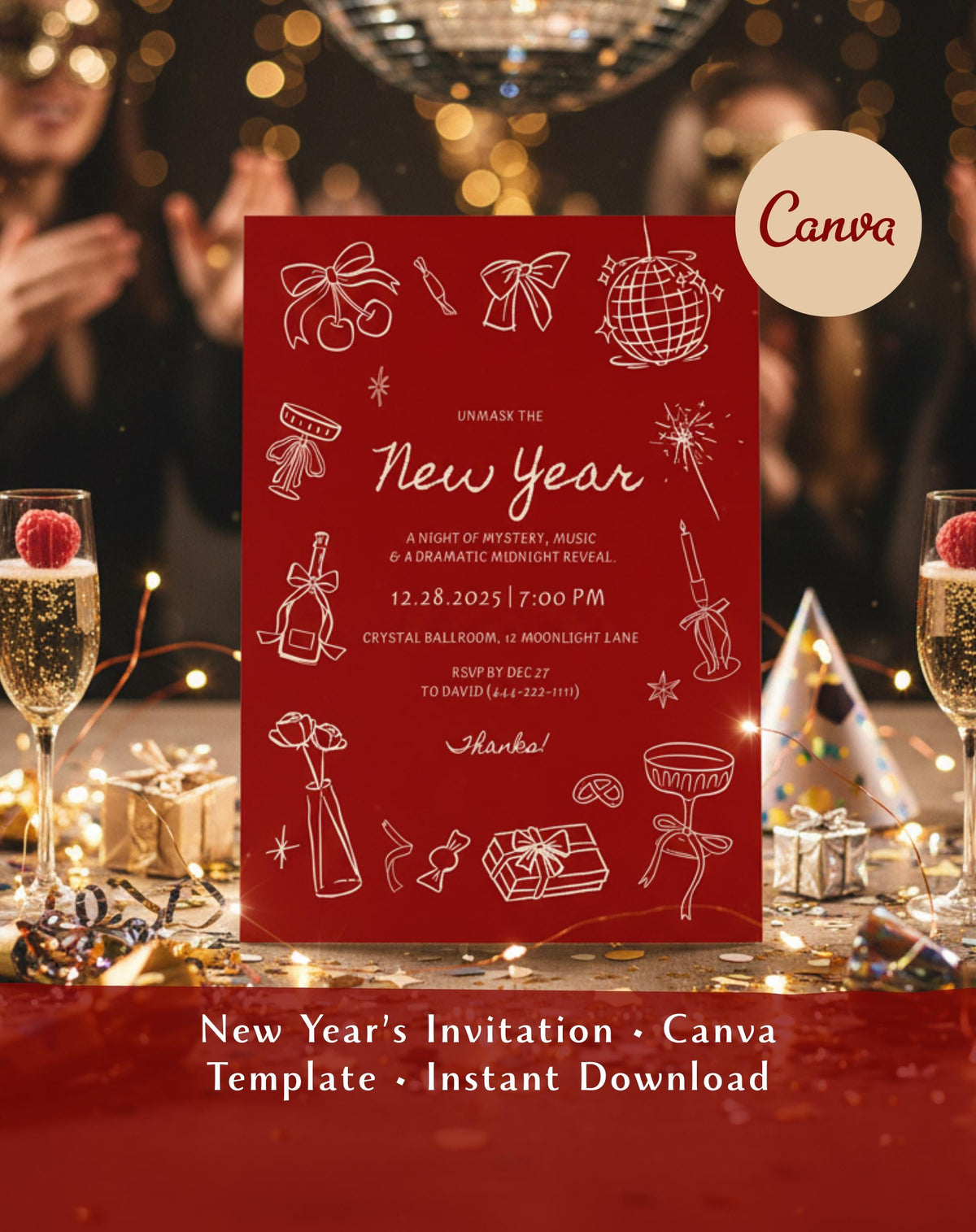 Red New Year's Eve Invitation - editable Canva template gallery image