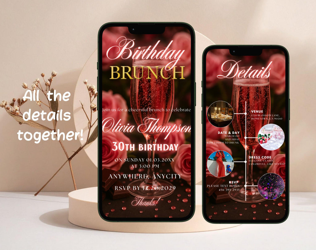 Rose Gold Birthday Brunch Invitation E-vite - editable digital template