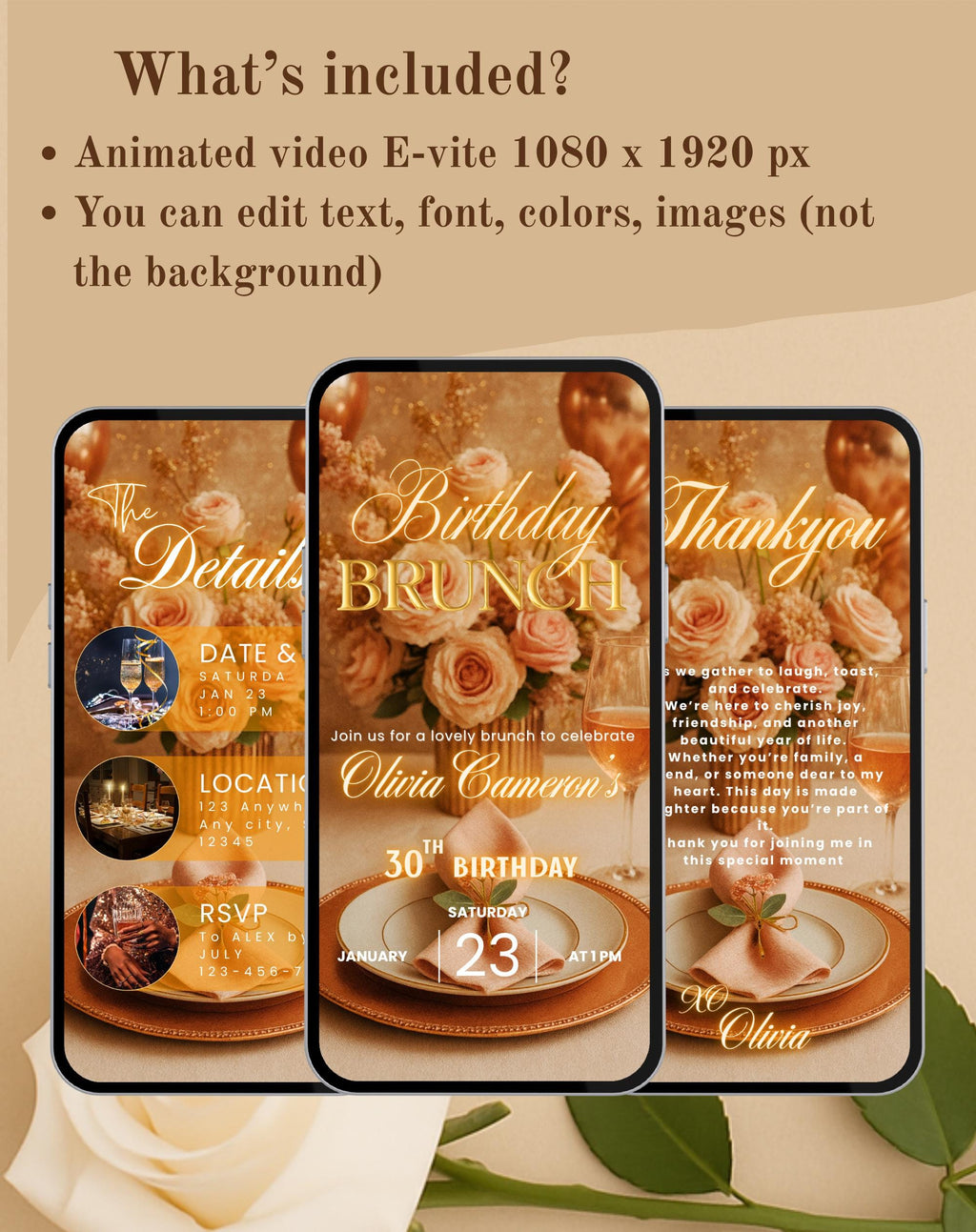 Rose Gold Birthday Brunch Invitation E-vite - styled mockup
