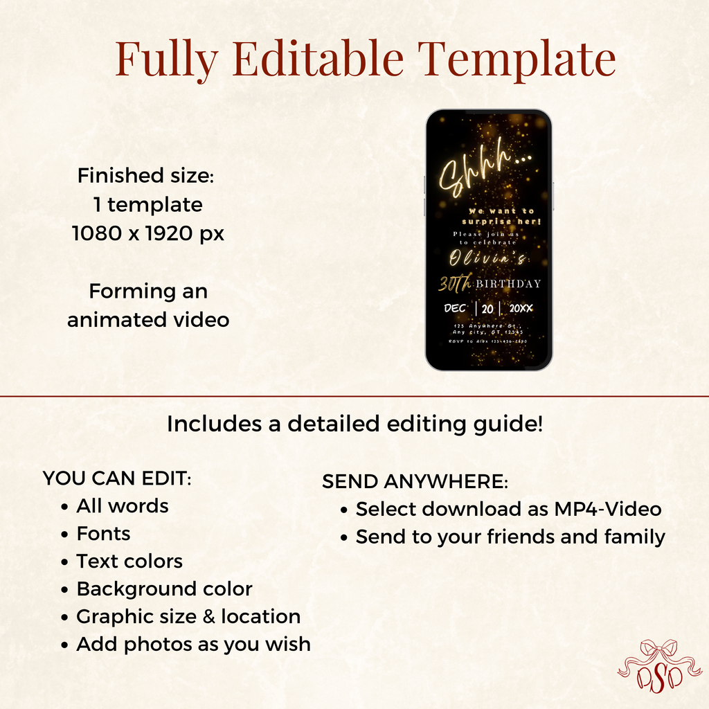 Shhh.. It's a Surprise Invitation 30th Birthday - printable invite design detail