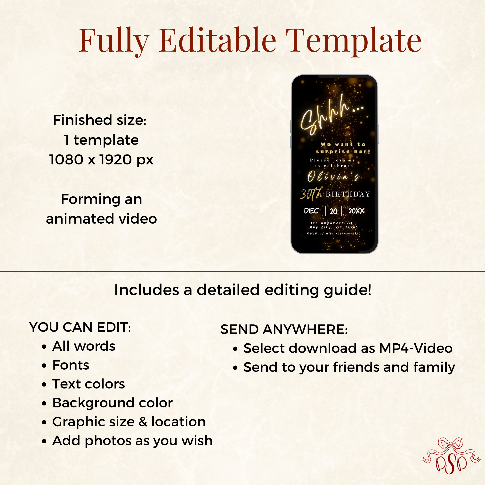 Shhh.. It's a Surprise Invitation 30th Birthday - printable invite design detail