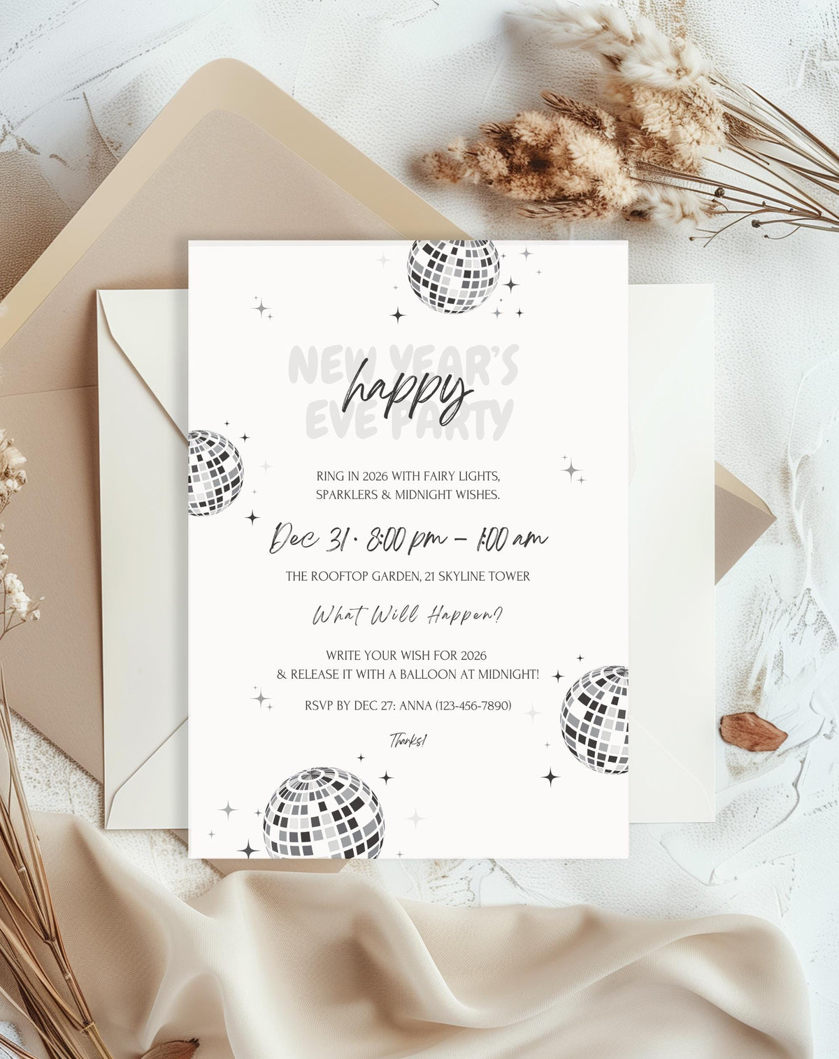 Silver Disco New Year Invitation - printable invite design detail