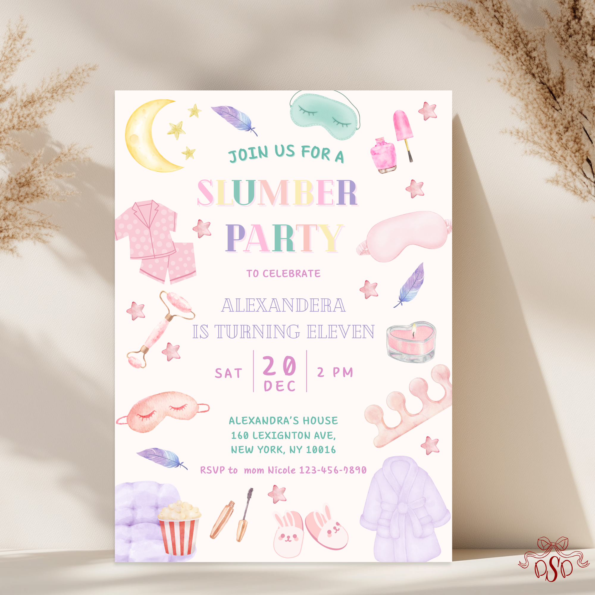 Sleepover Pastel Pajama 12th Birthday Party Invitation - main design preview